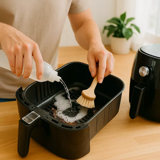 rengöra airfryer med diskborste och varmt vatten på köksbänk
